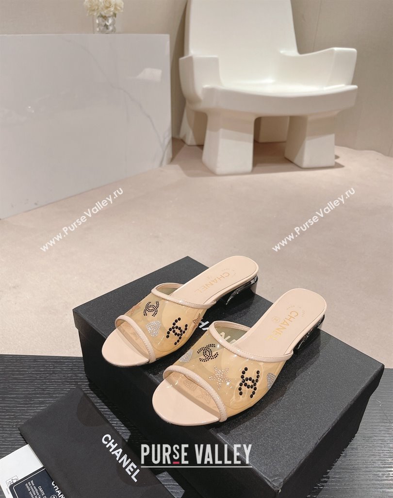 Chanel PVC Heel Slide Sandals 3.5cm with Crystals Logo Beige 2024 0423 (MD-240423077)