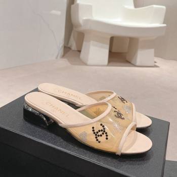 Chanel PVC Heel Slide Sandals 3.5cm with Crystals Logo Beige 2024 0423 (MD-240423077)