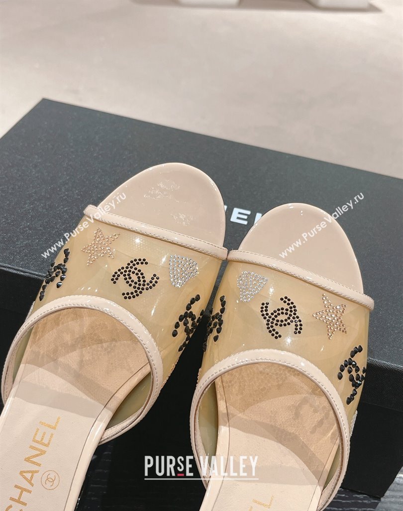 Chanel PVC Heel Slide Sandals 3.5cm with Crystals Logo Beige 2024 0423 (MD-240423077)