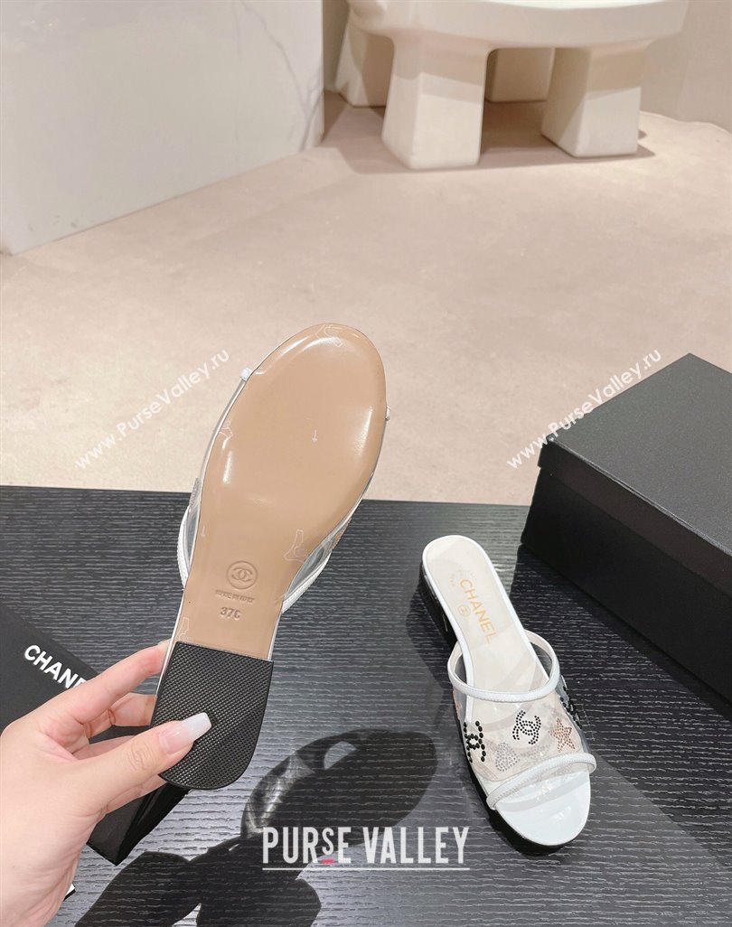 Chanel PVC Heel Slide Sandals 3.5cm with Crystals Logo White 2024 0423 (MD-240423078)