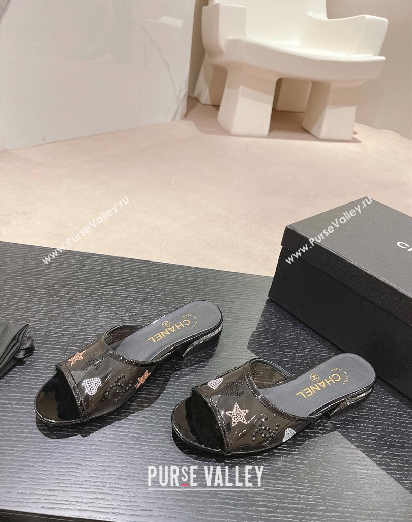 Chanel PVC Heel Slide Sandals 3.5cm with Crystals Logo Black 2024 0423 (MD-240423079)