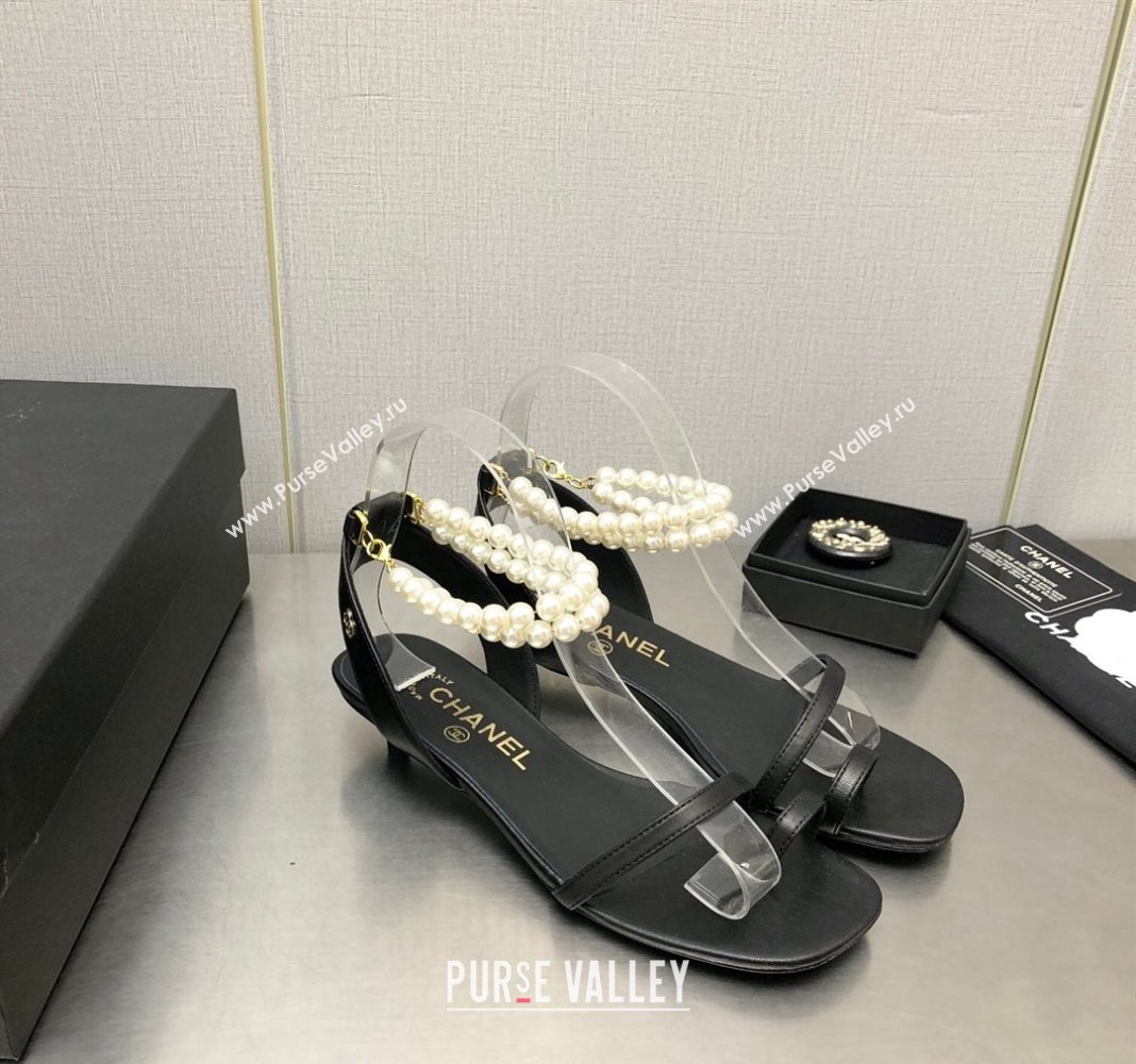Chanel Lambskin Heel Sandals with Pearls Ankle Strap Black 2024 0423 (MD-240423001)