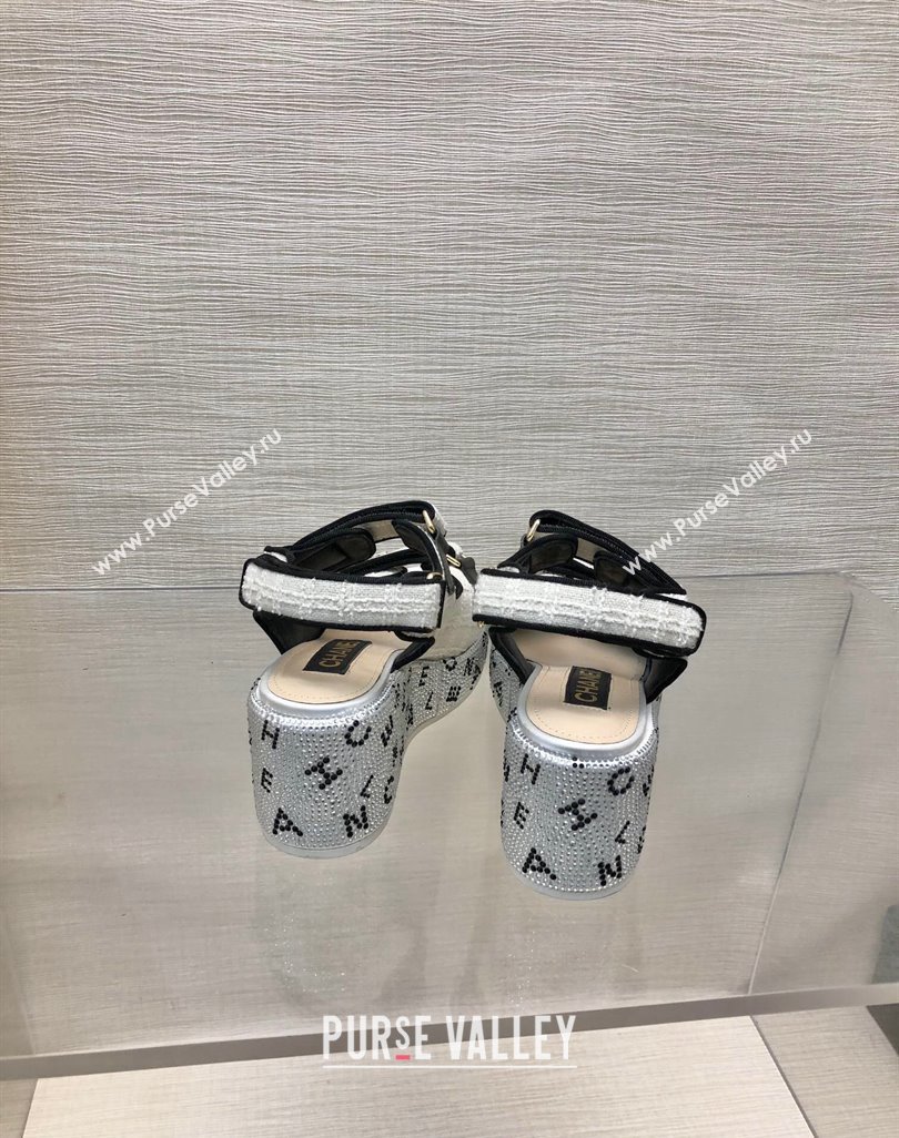 Chanel Tweed Wedge Sandals with Crystals and Letters White 2 2024 0423 (MD-240423009)