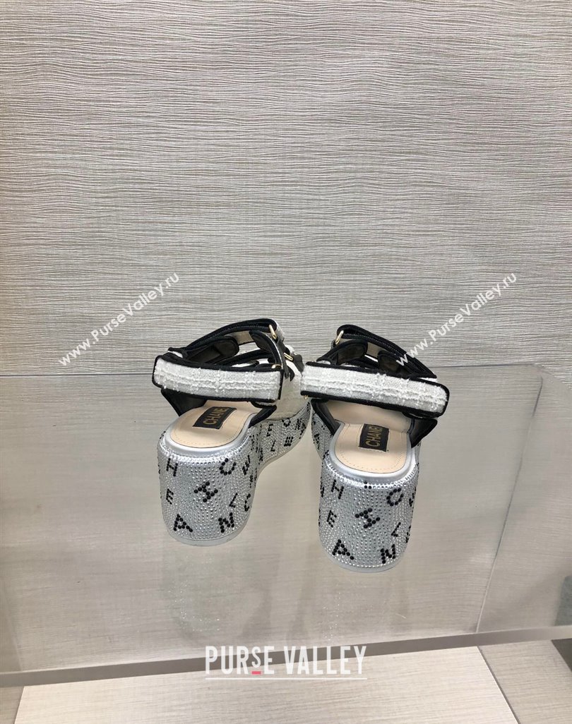 Chanel Tweed Wedge Sandals with Crystals and Letters White 2 2024 0423 (MD-240423009)