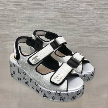 Chanel Tweed Wedge Sandals with Crystals and Letters White 2 2024 0423 (MD-240423009)