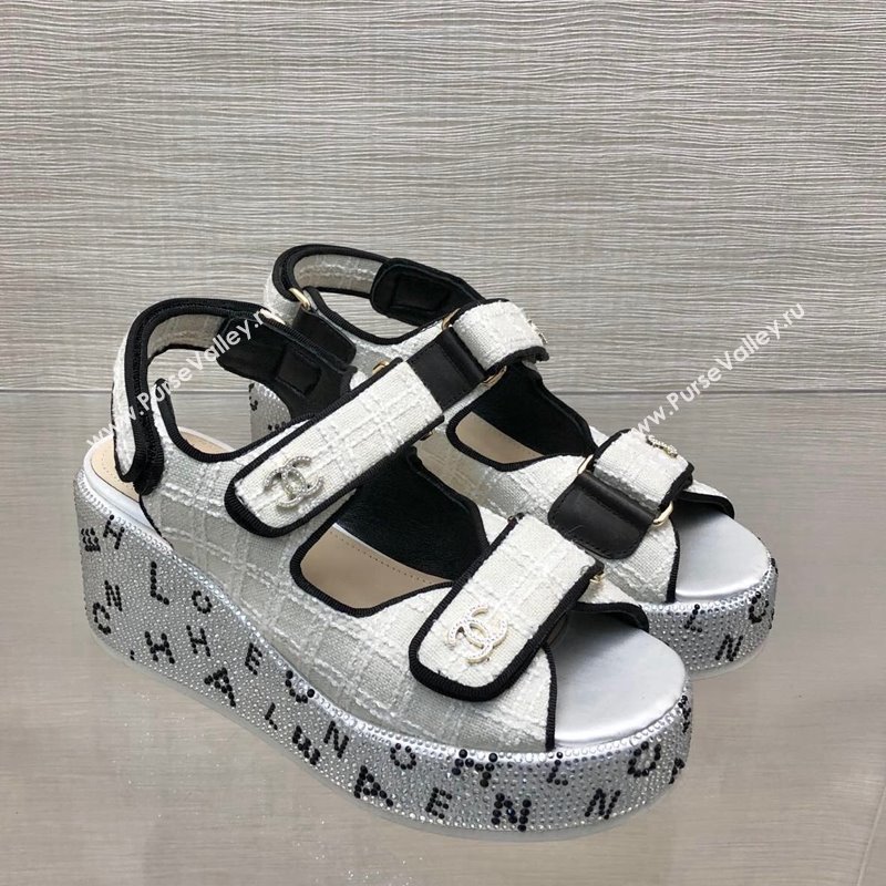 Chanel Tweed Wedge Sandals with Crystals and Letters White 2 2024 0423 (MD-240423009)