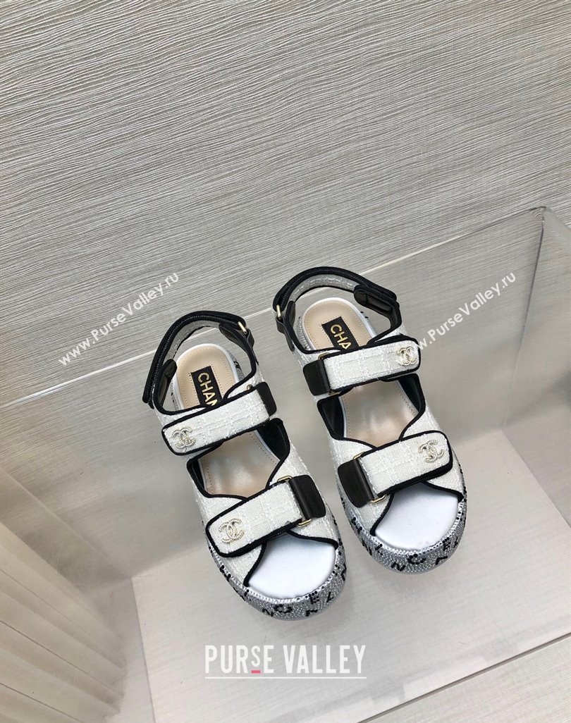 Chanel Tweed Wedge Sandals with Crystals and Letters White 2 2024 0423 (MD-240423009)