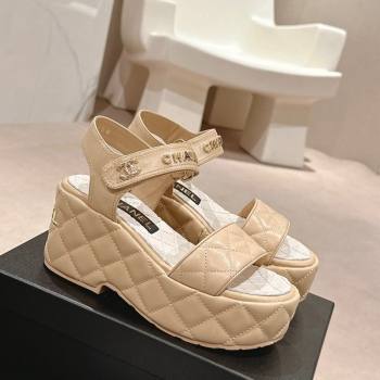 Chanel Quilted Lambskin Wedge Platform Sandals 7.5cm Beige 2024 0424 (MD-240424024)