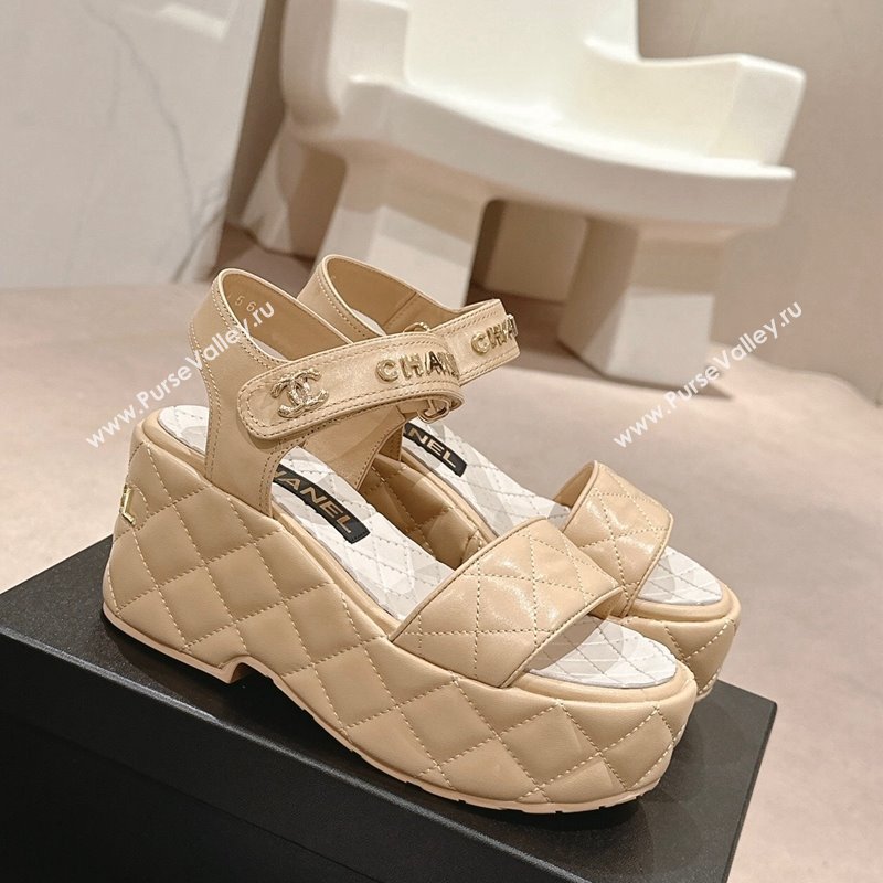 Chanel Quilted Lambskin Wedge Platform Sandals 7.5cm Beige 2024 0424 (MD-240424024)