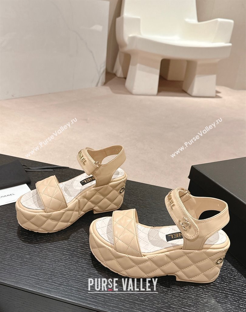 Chanel Quilted Lambskin Wedge Platform Sandals 7.5cm Beige 2024 0424 (MD-240424024)