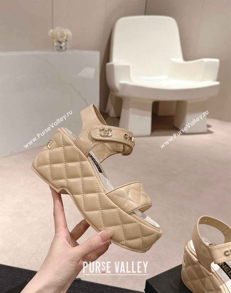 Chanel Quilted Lambskin Wedge Platform Sandals 7.5cm Beige 2024 0424 (MD-240424024)