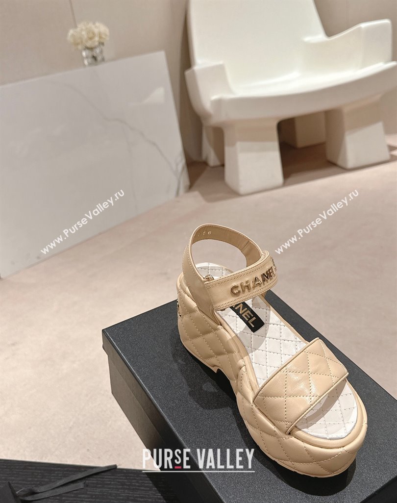 Chanel Quilted Lambskin Wedge Platform Sandals 7.5cm Beige 2024 0424 (MD-240424024)