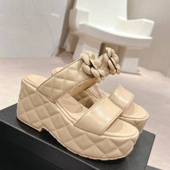 Chanel Quilted Lambskin Wedge Platform Slide Sandals 7.5cm with Camellia Beige 2024 (MD-240424027)