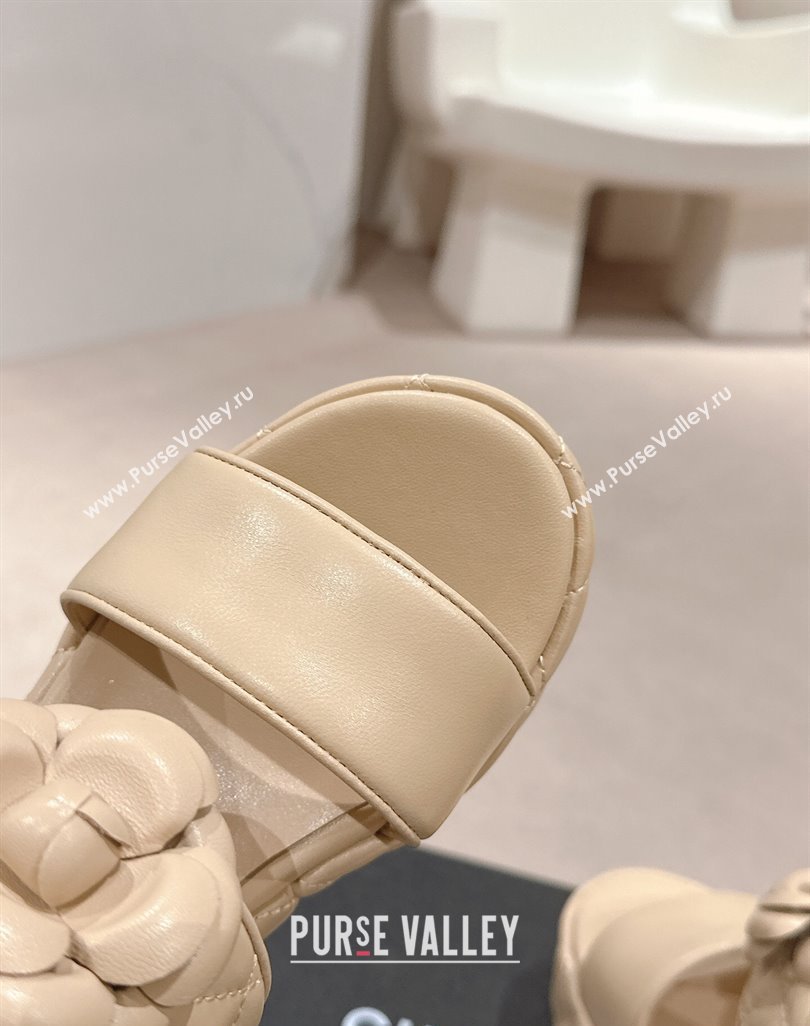 Chanel Quilted Lambskin Wedge Platform Slide Sandals 7.5cm with Camellia Beige 2024 (MD-240424027)