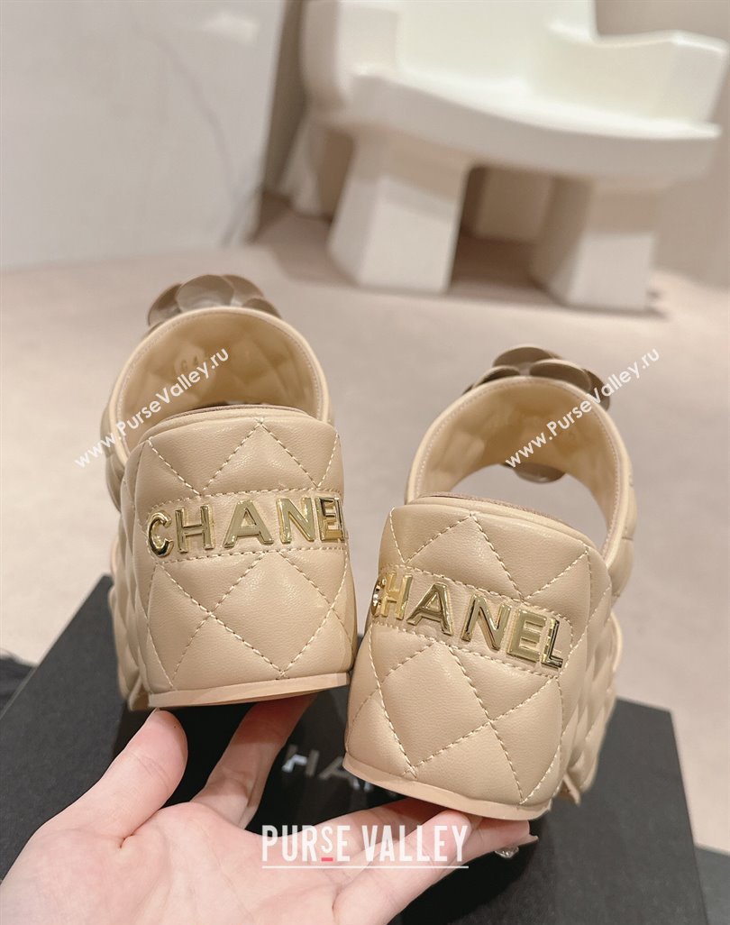 Chanel Quilted Lambskin Wedge Platform Slide Sandals 7.5cm with Camellia Beige 2024 (MD-240424027)