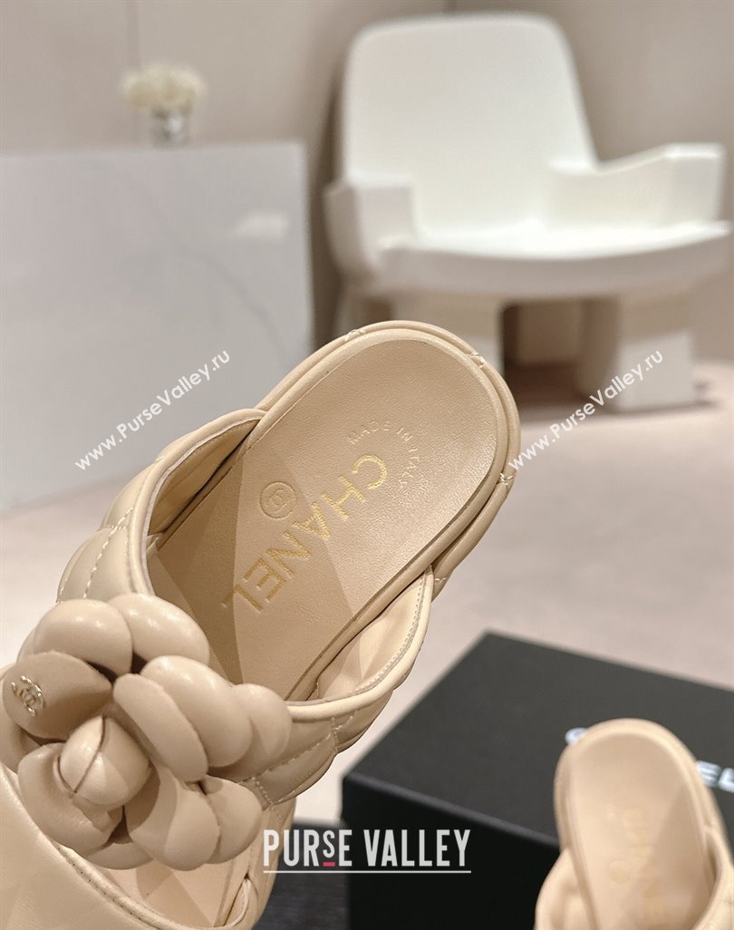 Chanel Quilted Lambskin Wedge Platform Slide Sandals 7.5cm with Camellia Beige 2024 (MD-240424027)