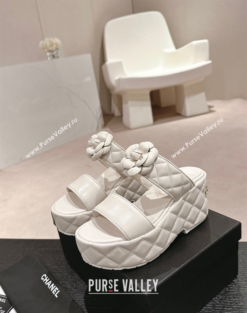 Chanel Quilted Lambskin Wedge Platform Slide Sandals 7.5cm with Camellia White 2024 (MD-240424028)