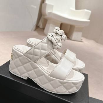 Chanel Quilted Lambskin Wedge Platform Slide Sandals 7.5cm with Camellia White 2024 (MD-240424028)