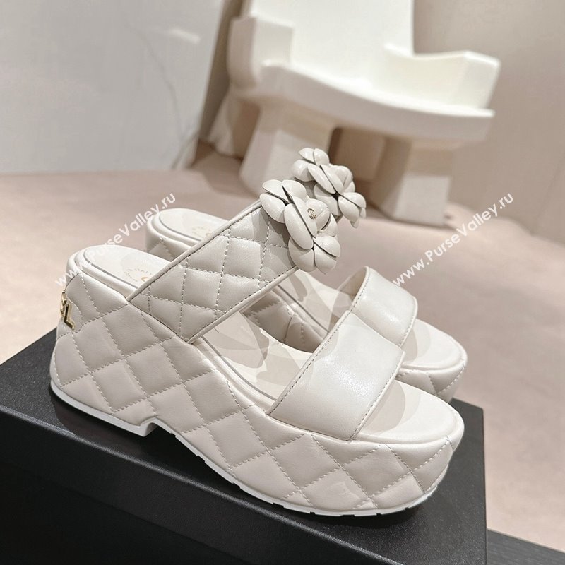 Chanel Quilted Lambskin Wedge Platform Slide Sandals 7.5cm with Camellia White 2024 (MD-240424028)