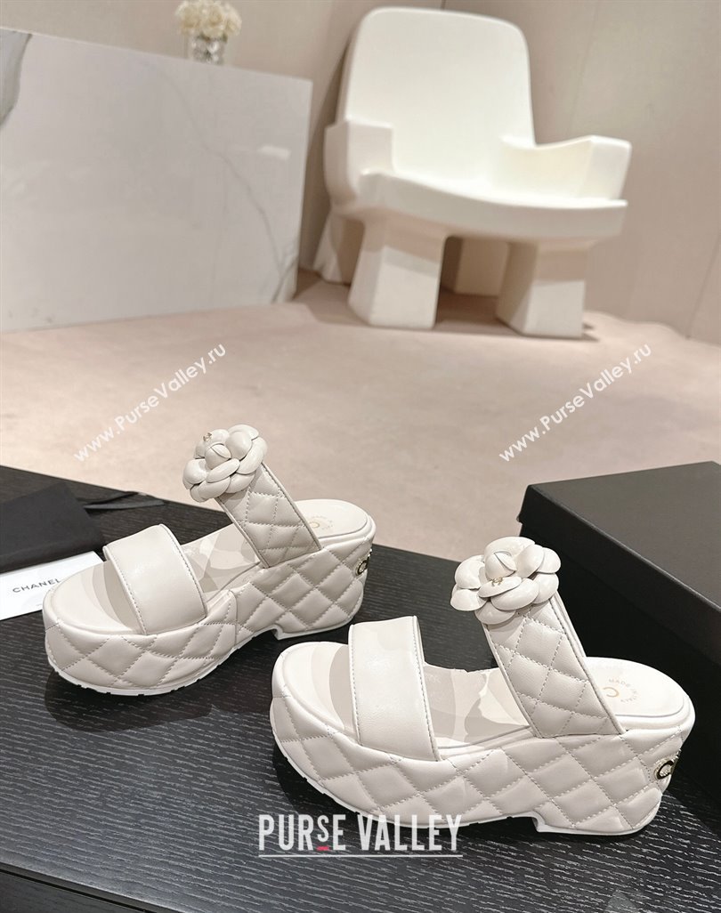 Chanel Quilted Lambskin Wedge Platform Slide Sandals 7.5cm with Camellia White 2024 (MD-240424028)