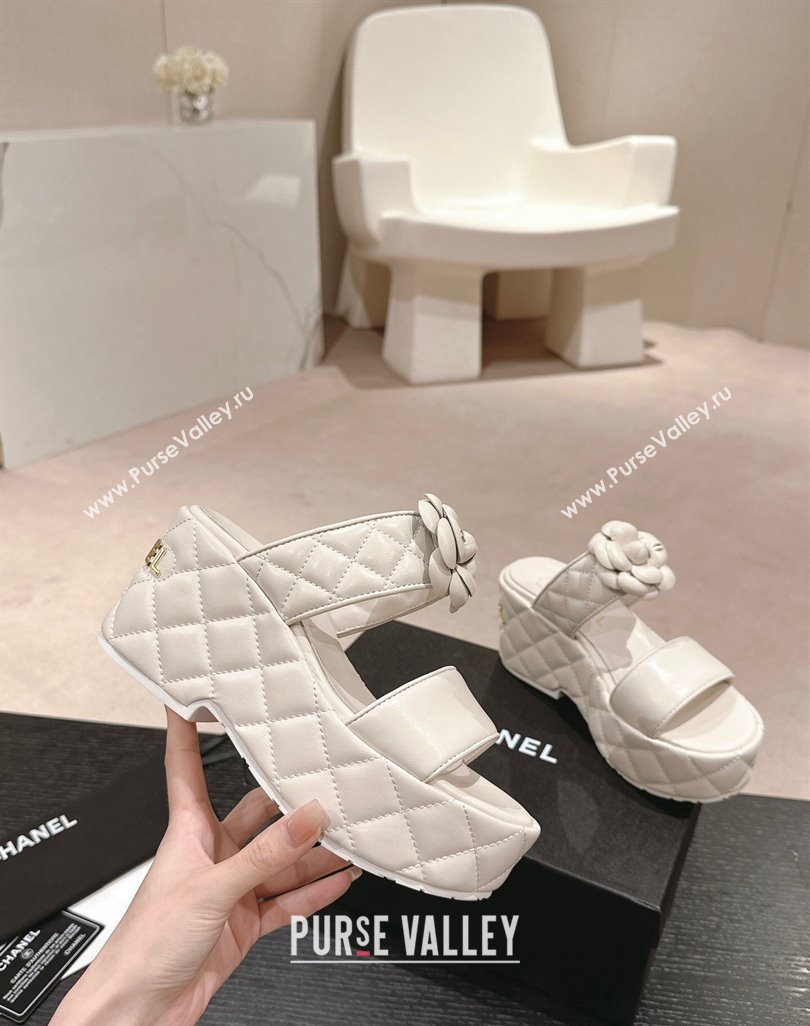 Chanel Quilted Lambskin Wedge Platform Slide Sandals 7.5cm with Camellia White 2024 (MD-240424028)