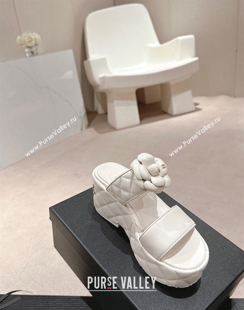 Chanel Quilted Lambskin Wedge Platform Slide Sandals 7.5cm with Camellia White 2024 (MD-240424028)