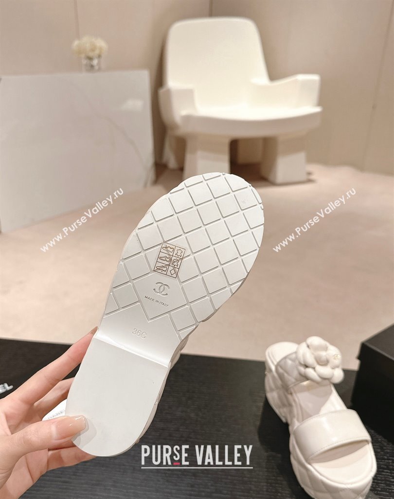 Chanel Quilted Lambskin Wedge Platform Slide Sandals 7.5cm with Camellia White 2024 (MD-240424028)