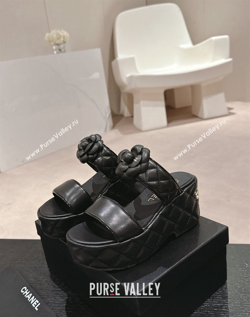 Chanel Quilted Lambskin Wedge Platform Slide Sandals 7.5cm with Camellia Black 2024 (MD-240424029)