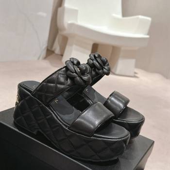 Chanel Quilted Lambskin Wedge Platform Slide Sandals 7.5cm with Camellia Black 2024 (MD-240424029)