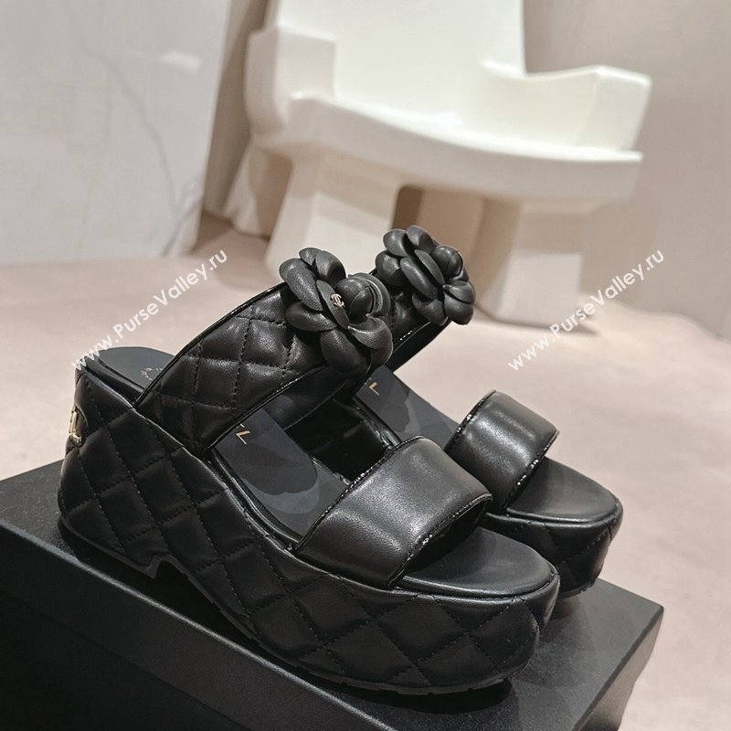 Chanel Quilted Lambskin Wedge Platform Slide Sandals 7.5cm with Camellia Black 2024 (MD-240424029)