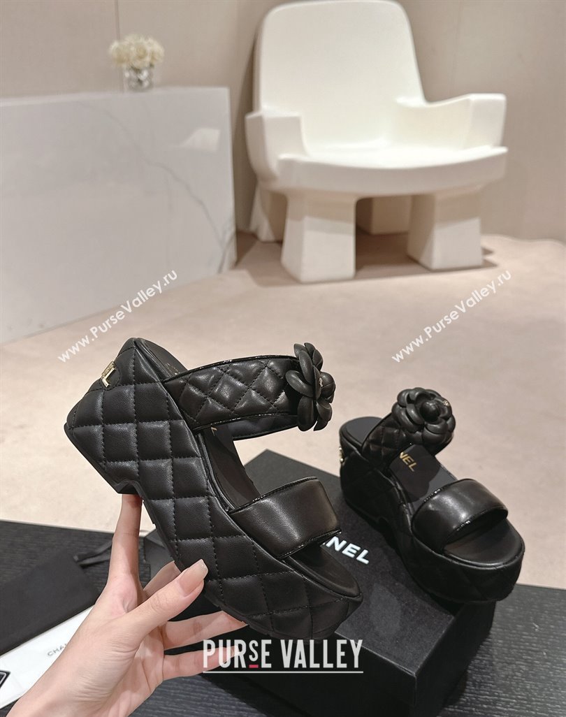 Chanel Quilted Lambskin Wedge Platform Slide Sandals 7.5cm with Camellia Black 2024 (MD-240424029)