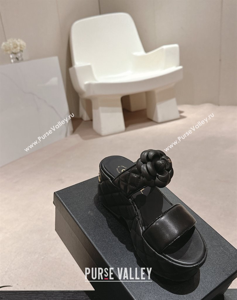 Chanel Quilted Lambskin Wedge Platform Slide Sandals 7.5cm with Camellia Black 2024 (MD-240424029)