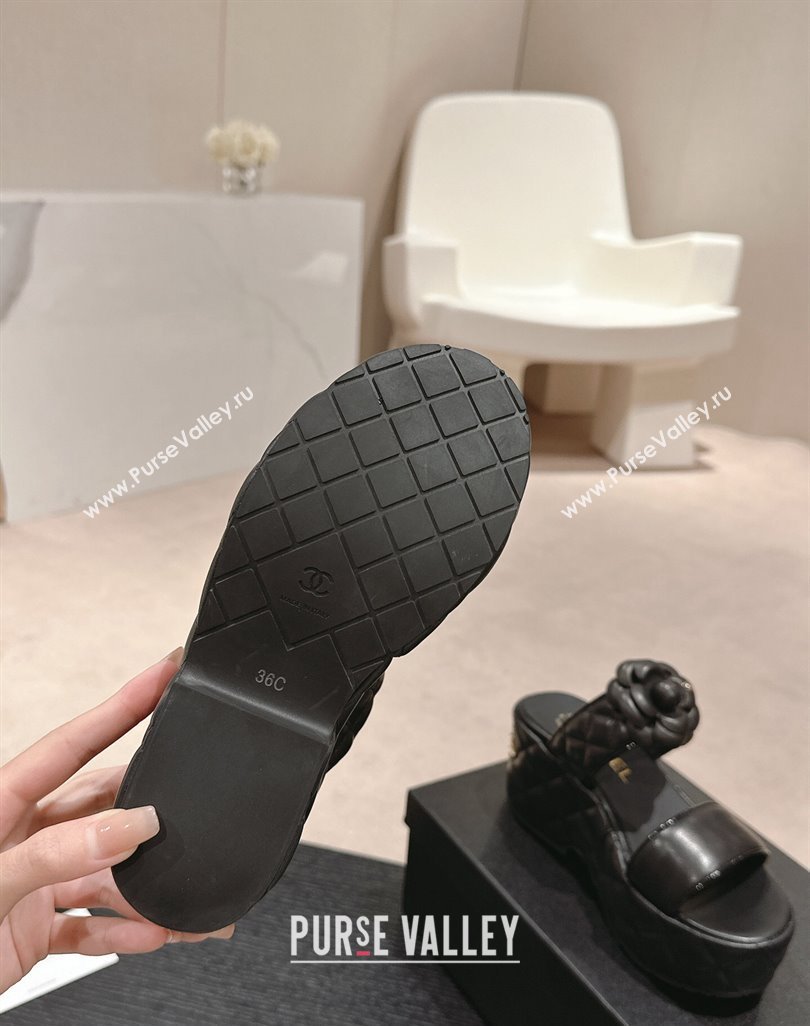 Chanel Quilted Lambskin Wedge Platform Slide Sandals 7.5cm with Camellia Black 2024 (MD-240424029)