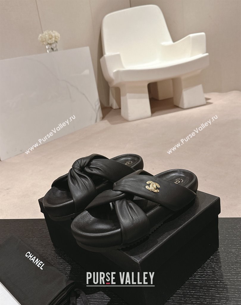 Chanel Lambskin Slide Sandals with Knot Strap Black 2024 0424 (MD-240424030)