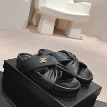 Chanel Lambskin Slide Sandals with Knot Strap Black 2024 0424 (MD-240424030)