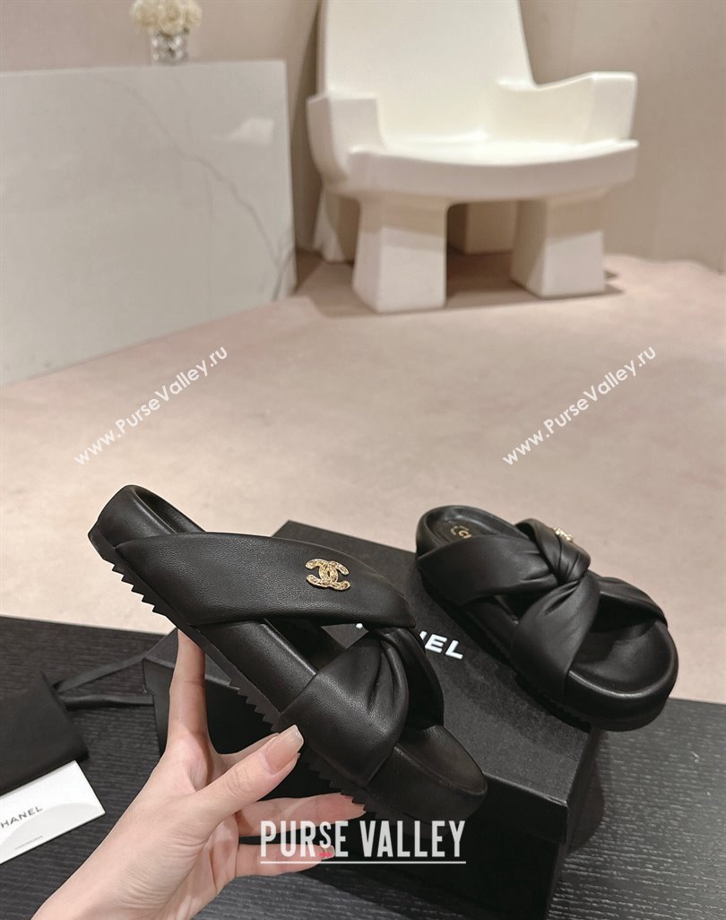 Chanel Lambskin Slide Sandals with Knot Strap Black 2024 0424 (MD-240424030)