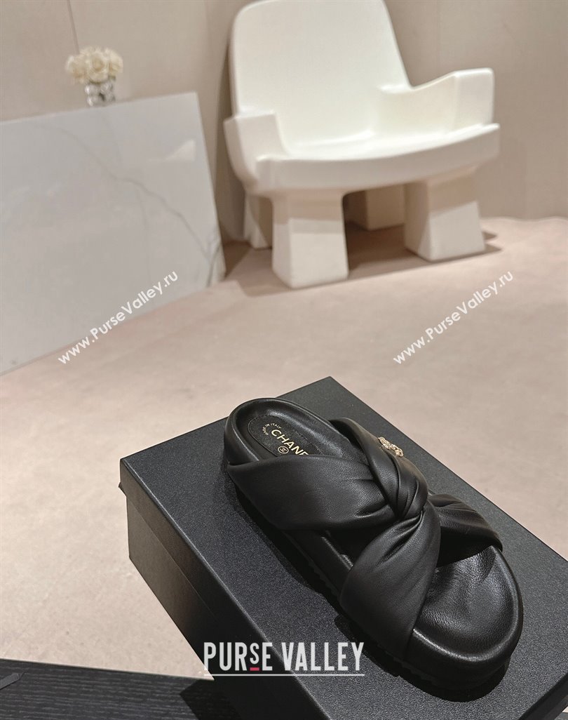 Chanel Lambskin Slide Sandals with Knot Strap Black 2024 0424 (MD-240424030)