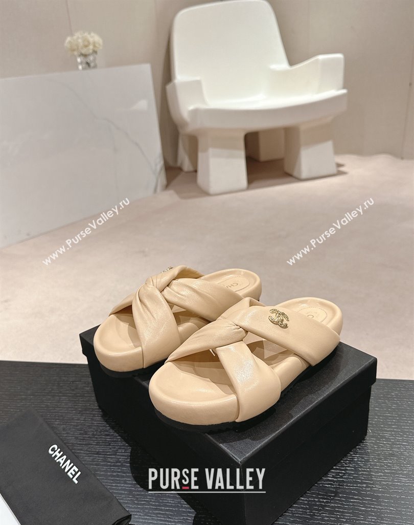 Chanel Lambskin Slide Sandals with Knot Strap Beige 2024 0424 (MD-240424031)