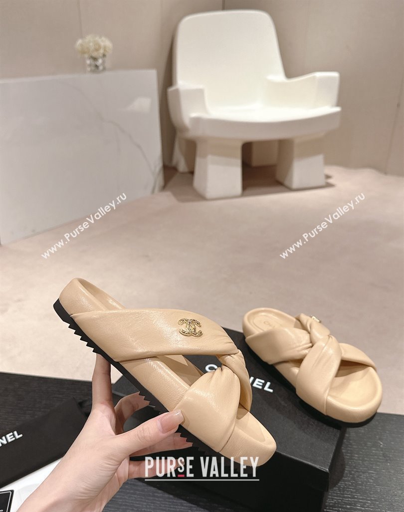 Chanel Lambskin Slide Sandals with Knot Strap Beige 2024 0424 (MD-240424031)