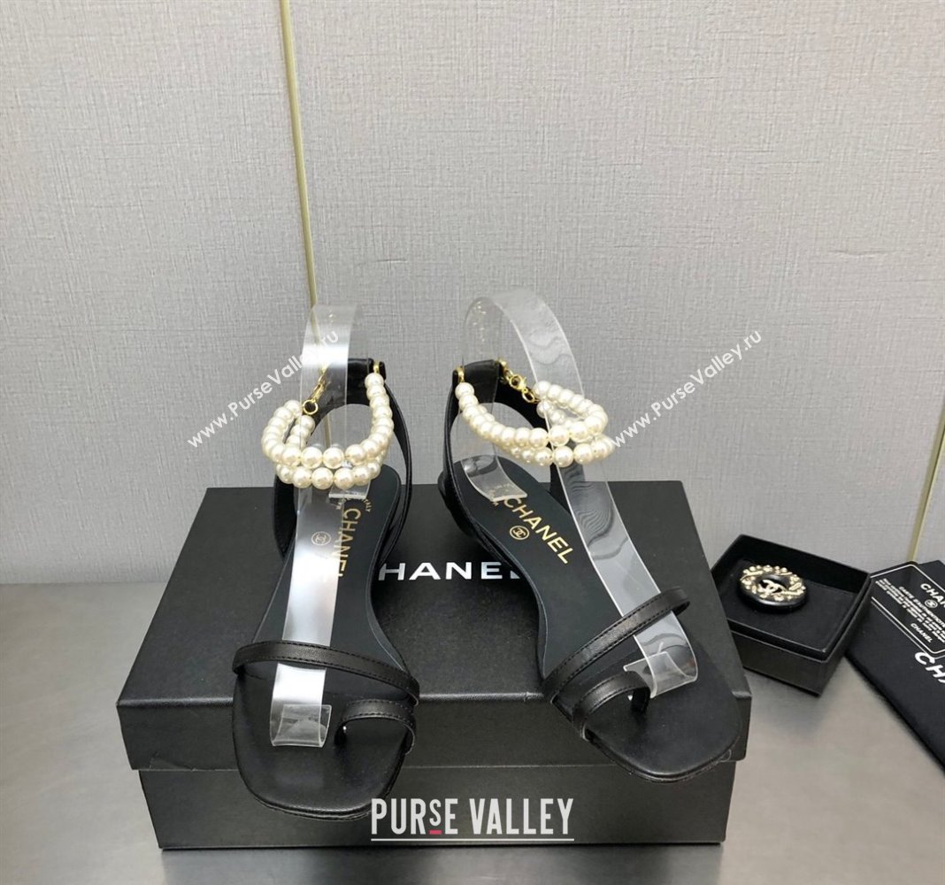 Chanel Lambskin Heel Sandals with Pearls Ankle Strap Black 2024 0423 (MD-240423001)