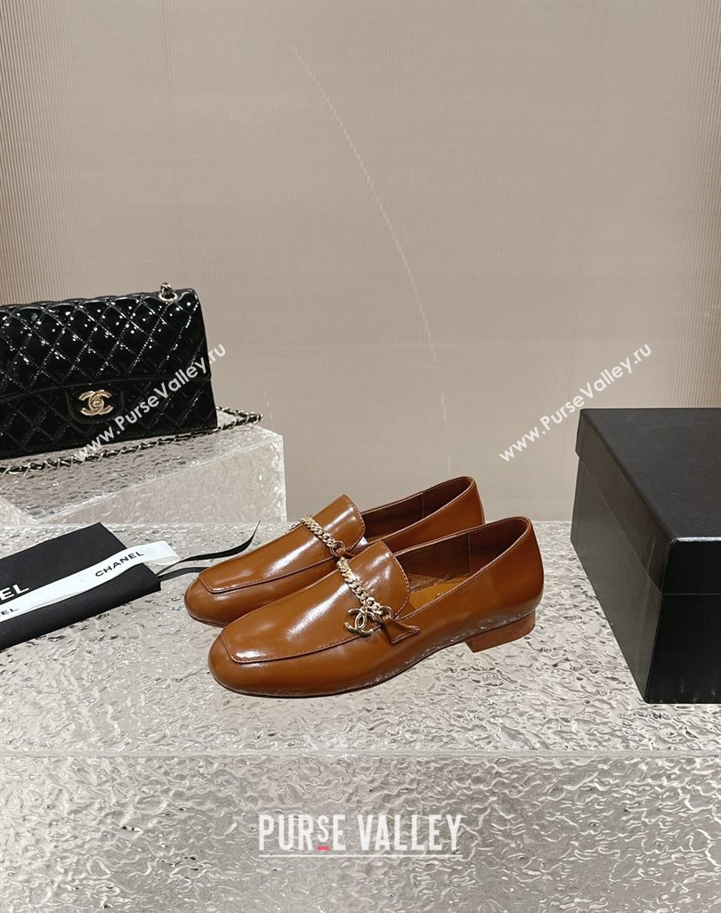 Chanel Shiny Calfskin Loafers with Chain CC Brown 2024 0424 (MD-240424195)