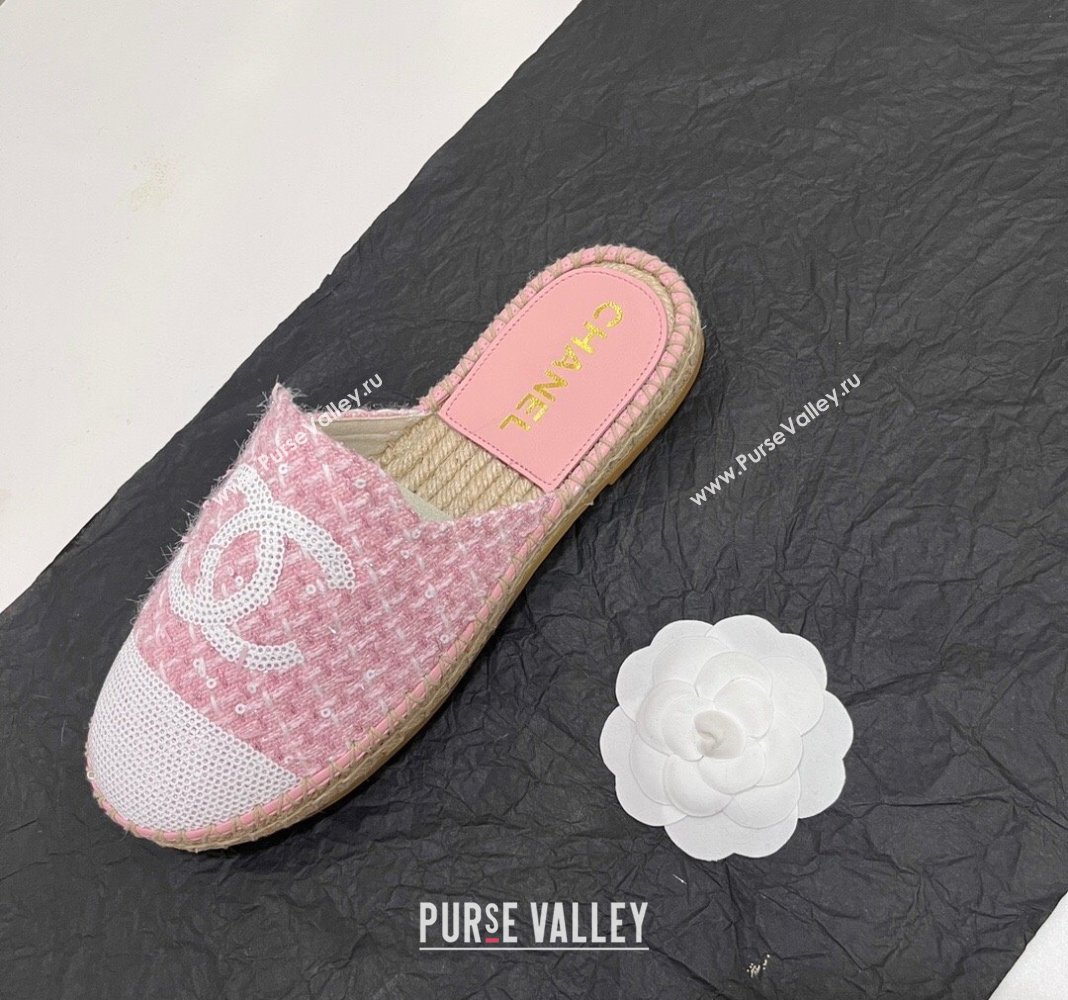 Chanel Tweed Sequins Espadrilles Flat Mules G45602 Pink2 2024 (KL-240425008)