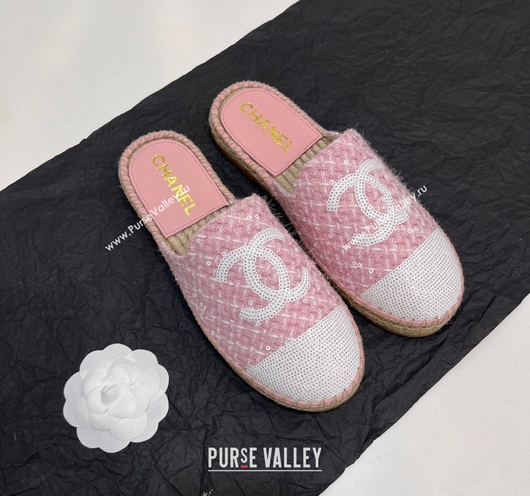 Chanel Tweed Sequins Espadrilles Flat Mules G45602 Pink2 2024 (KL-240425008)