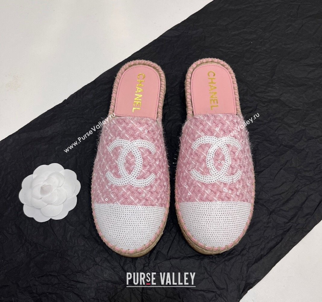 Chanel Tweed Sequins Espadrilles Flat Mules G45602 Pink2 2024 (KL-240425008)