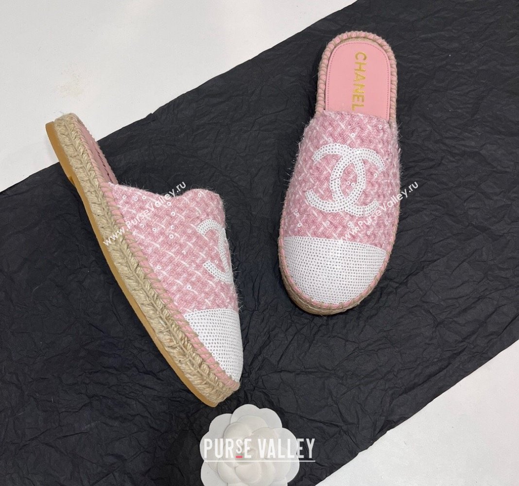 Chanel Tweed Sequins Espadrilles Flat Mules G45602 Pink2 2024 (KL-240425008)