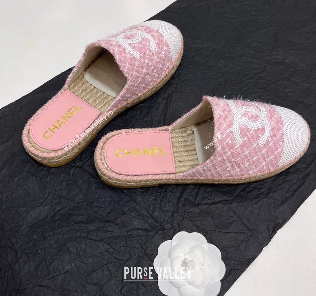 Chanel Tweed Sequins Espadrilles Flat Mules G45602 Pink2 2024 (KL-240425008)