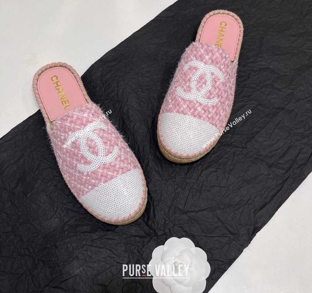 Chanel Tweed Sequins Espadrilles Flat Mules G45602 Pink2 2024 (KL-240425008)