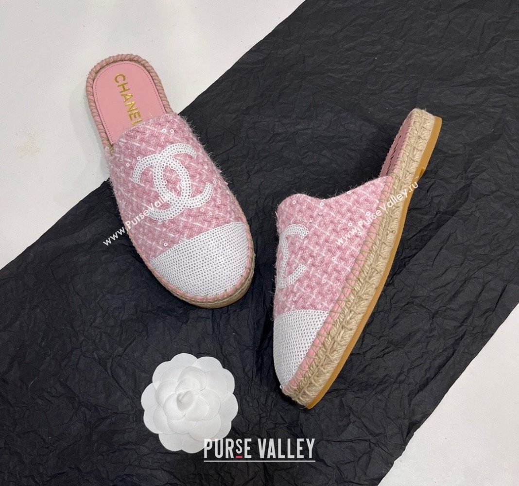 Chanel Tweed Sequins Espadrilles Flat Mules G45602 Pink2 2024 (KL-240425008)