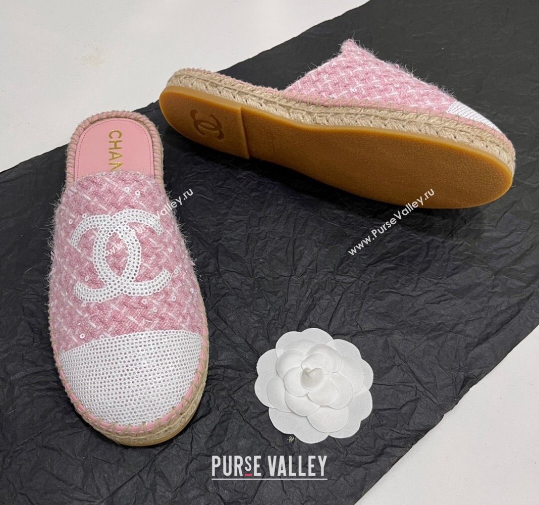 Chanel Tweed Sequins Espadrilles Flat Mules G45602 Pink2 2024 (KL-240425008)