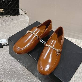 Chanel Shiny Calfskin Loafers with Chain CC Brown 2024 0424 (MD-240424195)